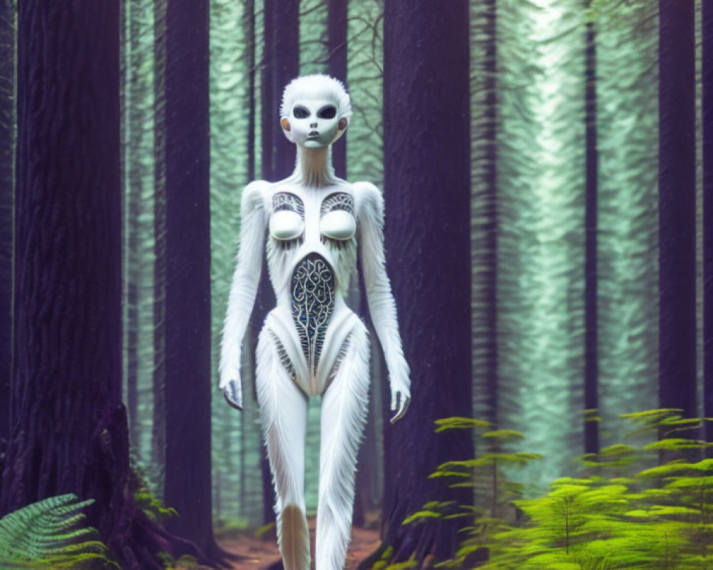 Alien figure in futuristic white costume on forest pathway