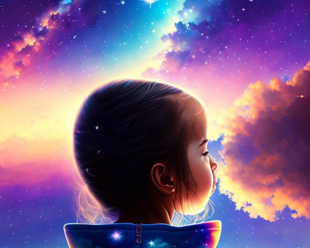 Young girl in galaxy-patterned hoodie under vibrant cosmic sky