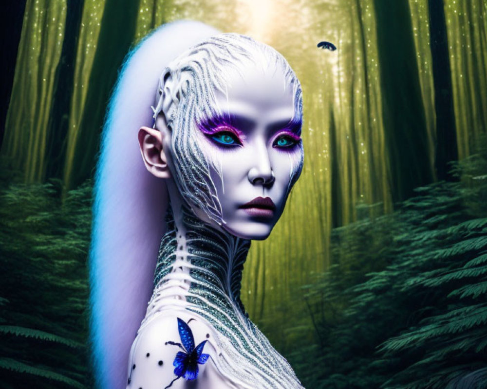 Mystical alien with blue skin, purple eyes, white hair, and black butterflies in forest.