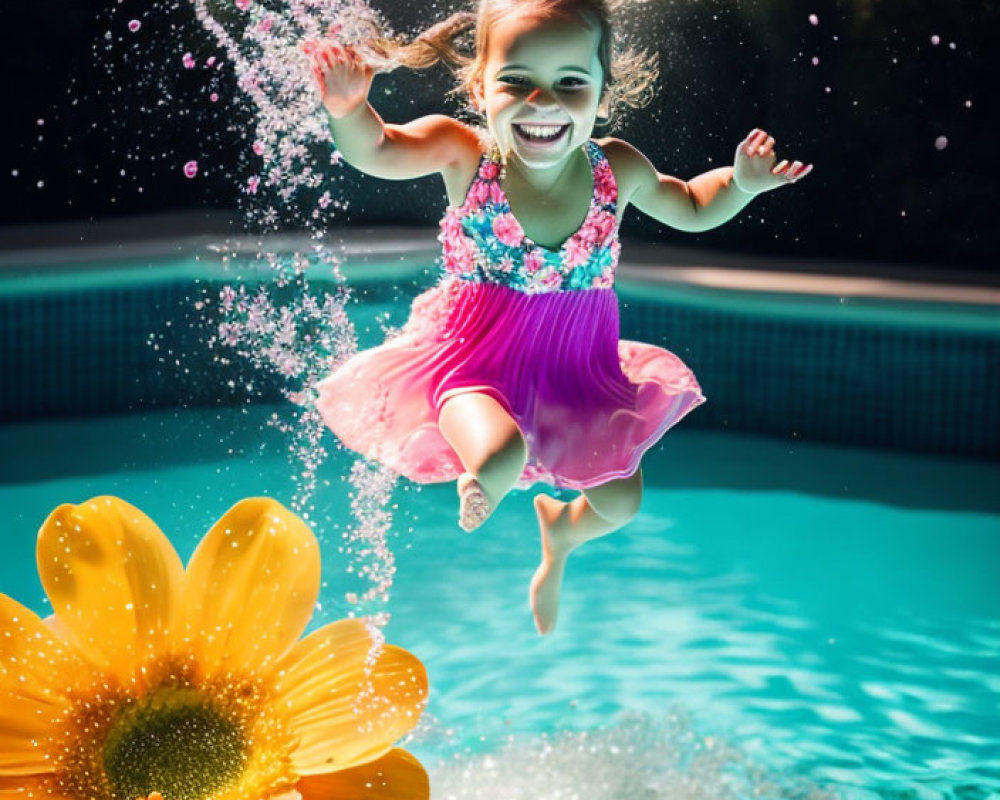 Young girl in pink dress leaping over swimming pool with vibrant water splashes and yellow flower