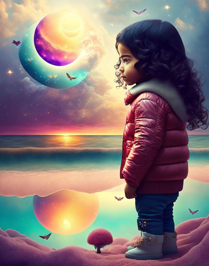 Young girl in warm jacket admires dreamlike sky with planets and birds above surreal landscape