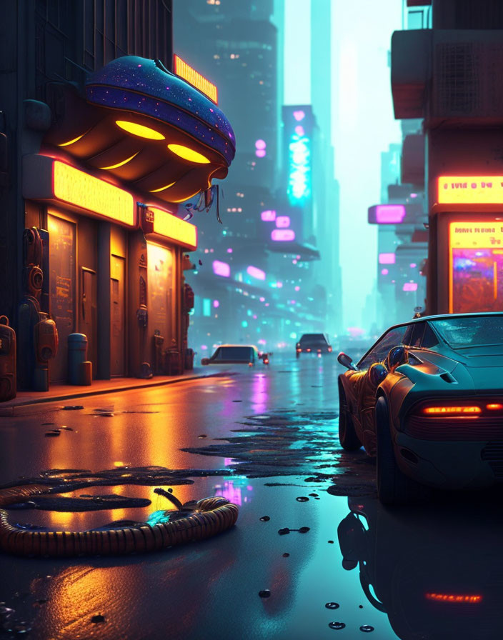 Futuristic city street at dusk with neon lights and parked car