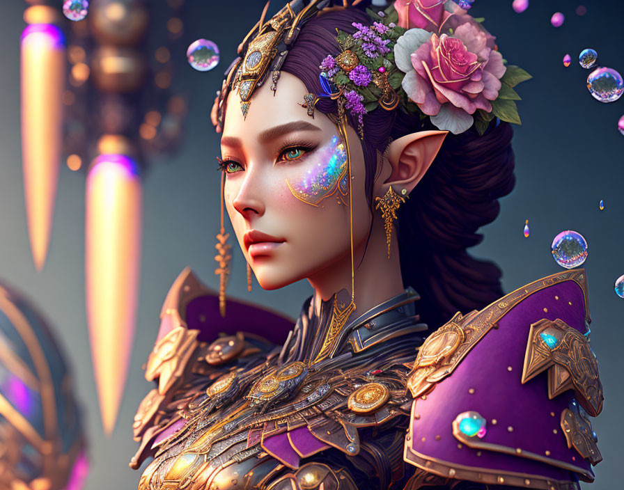 Digital Art: Elf in Ornate Armor with Floral Decorations