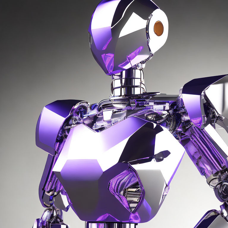 Shiny metallic purple humanoid robot with intricate mechanical joints