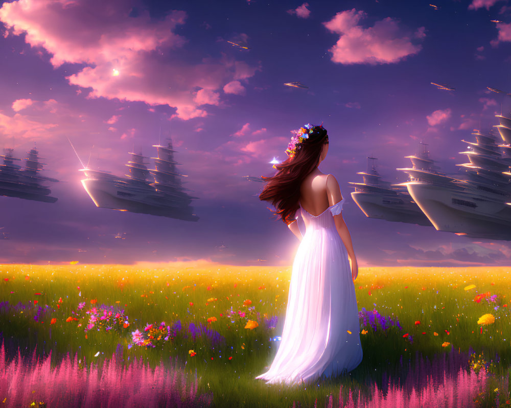 Woman in white dress and flower crown in vibrant field at sunset with shooting stars and floating islands.