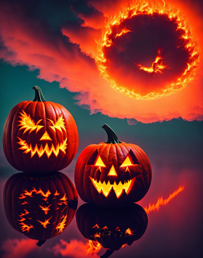 Carved Pumpkins with Glowing Faces Against Red Sky and Fiery Ring