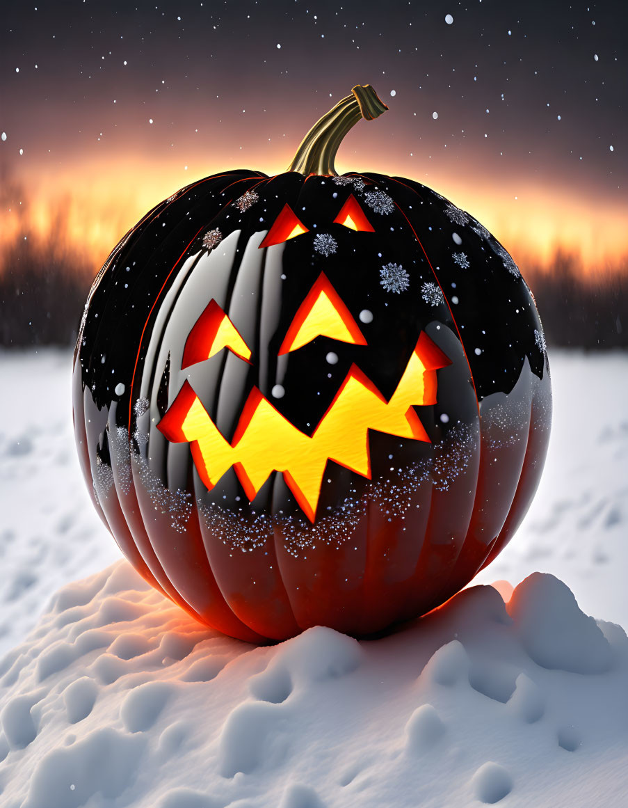 Glowing Halloween pumpkin on snowy ground at dusk