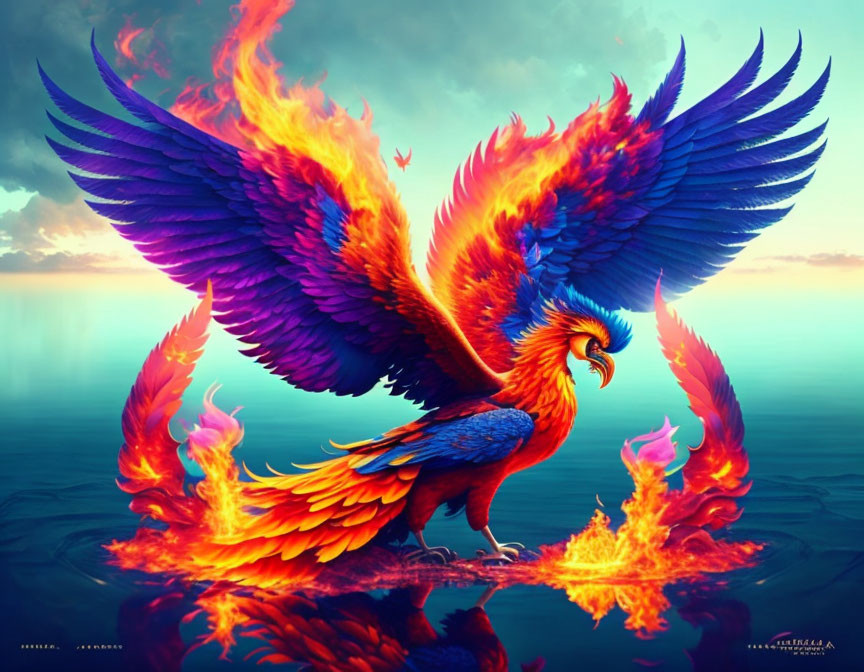 Majestic Phoenix with Blue and Orange Feathers Soaring Above Water