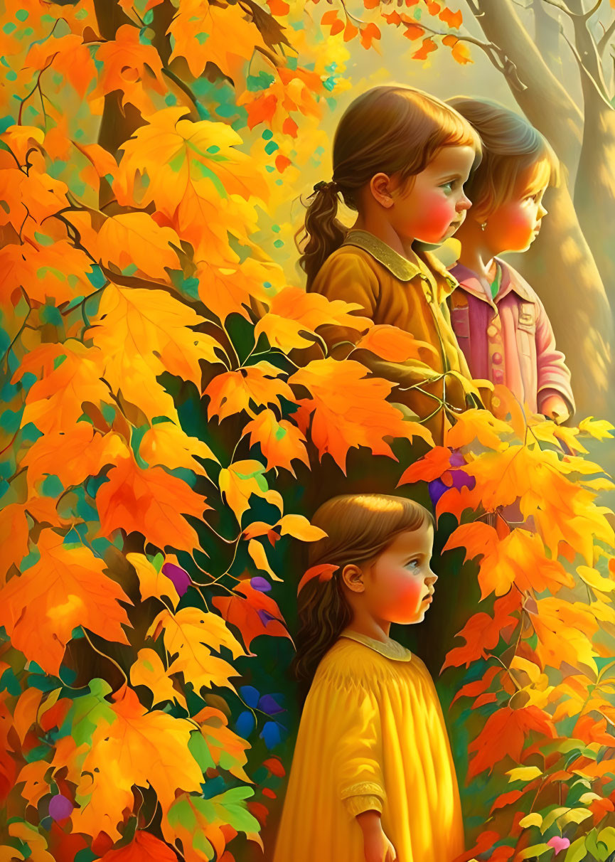 Children peeking through autumn leaves under sunlight glow