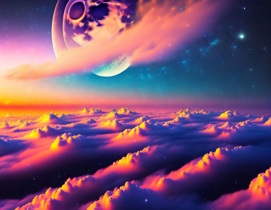 Colorful surreal sky with moon and stars in digital art