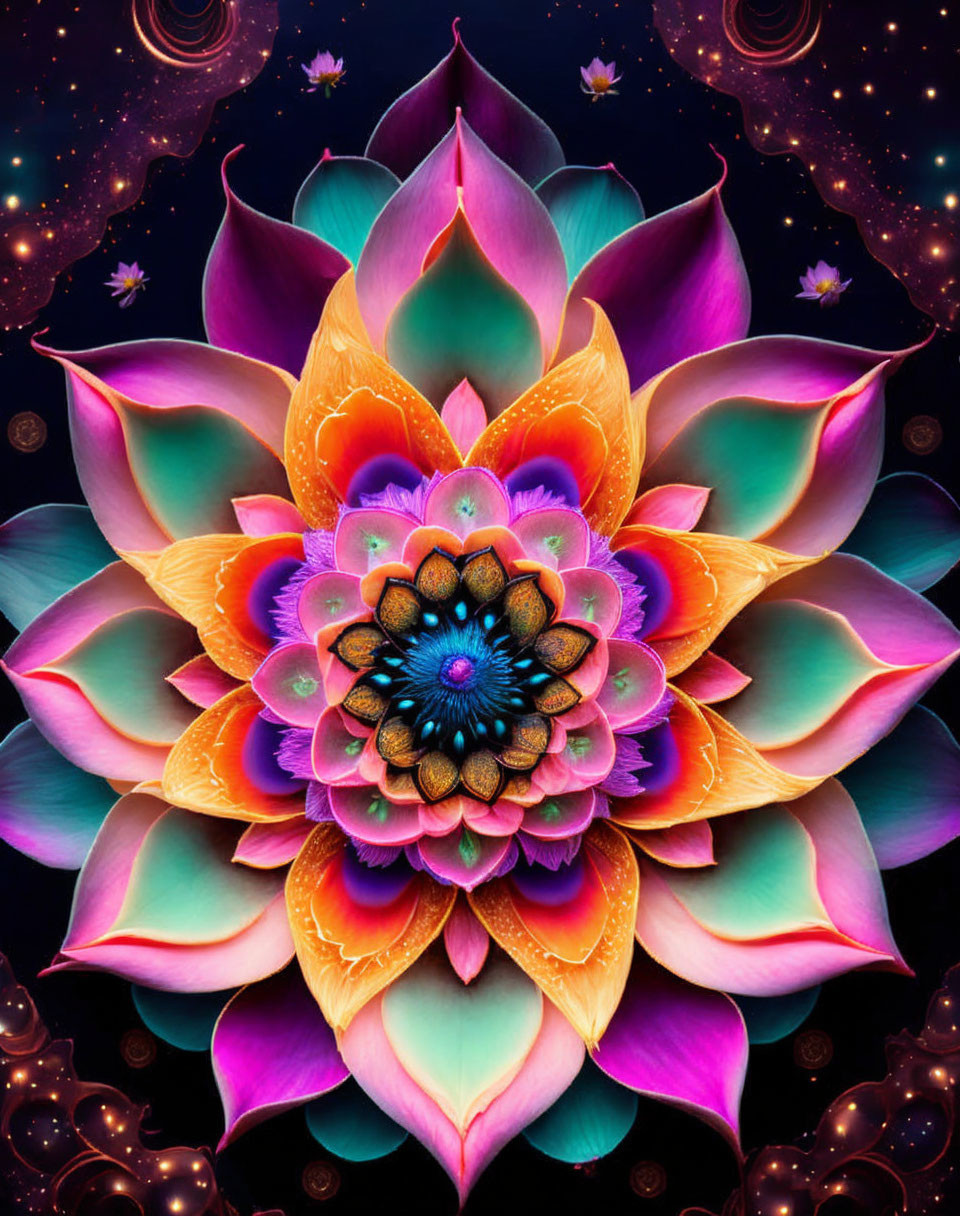 Colorful Multilayered Lotus Flower Art Against Starry Night Sky