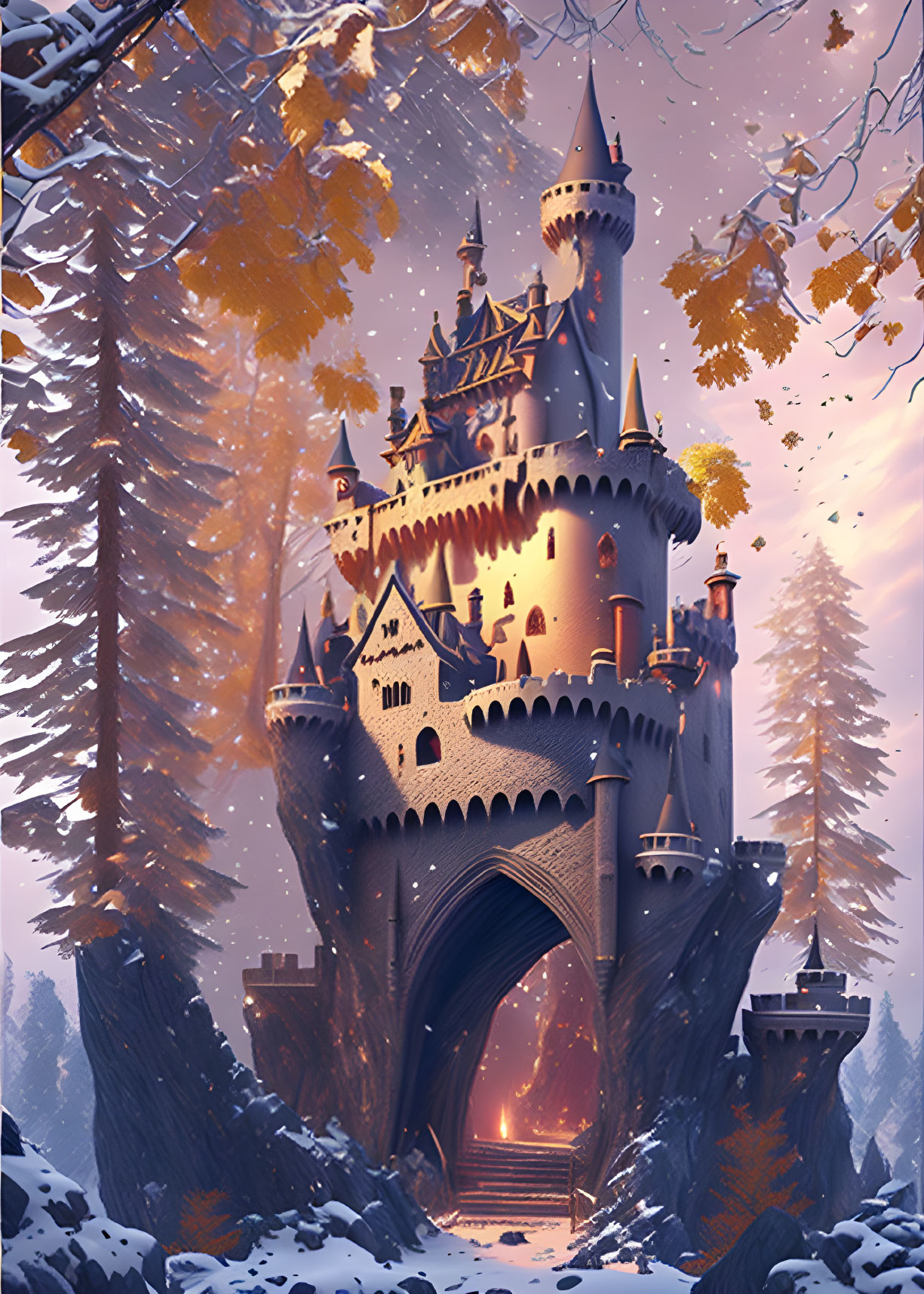 Majestic fantasy castle in snowy woods with warm light and autumn leaves