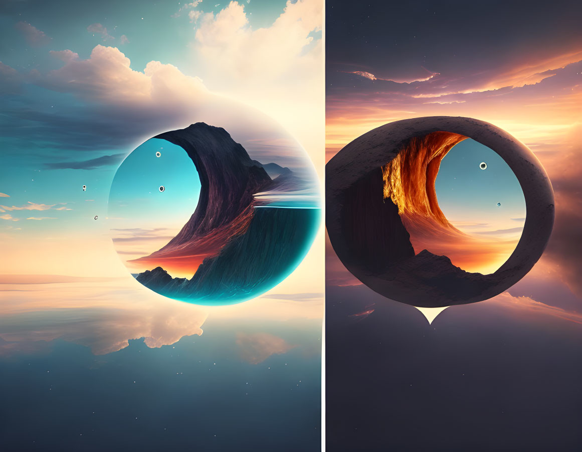 Surreal composite image of contrasting sphere halves with wave-like rock formations under tranquil sky