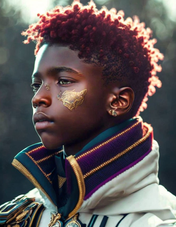 Young person with red afro and regal jacket gazes sideways with golden leaf adornment