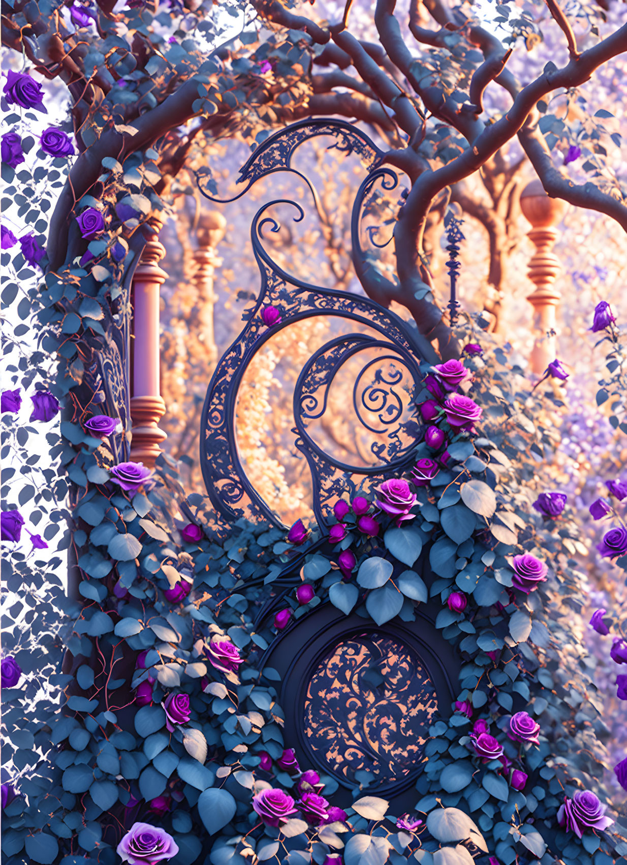 Intricately designed gate with purple flowers and vines among whimsical trees