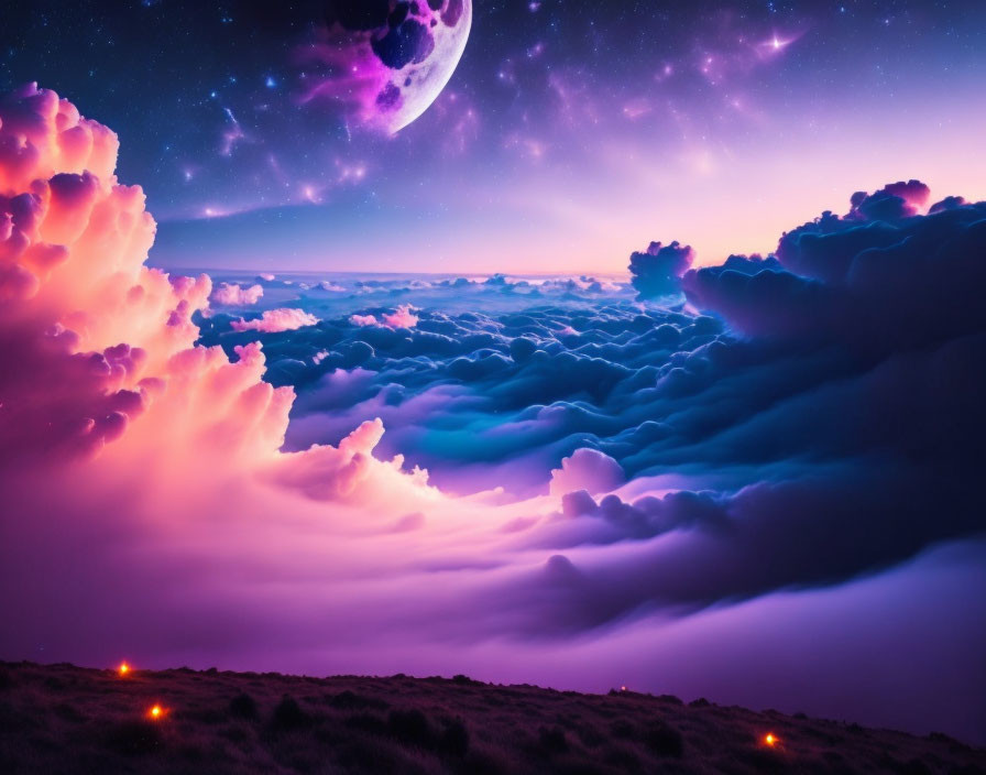 Fantasy landscape with large moon, fluffy clouds, purple and pink hues.