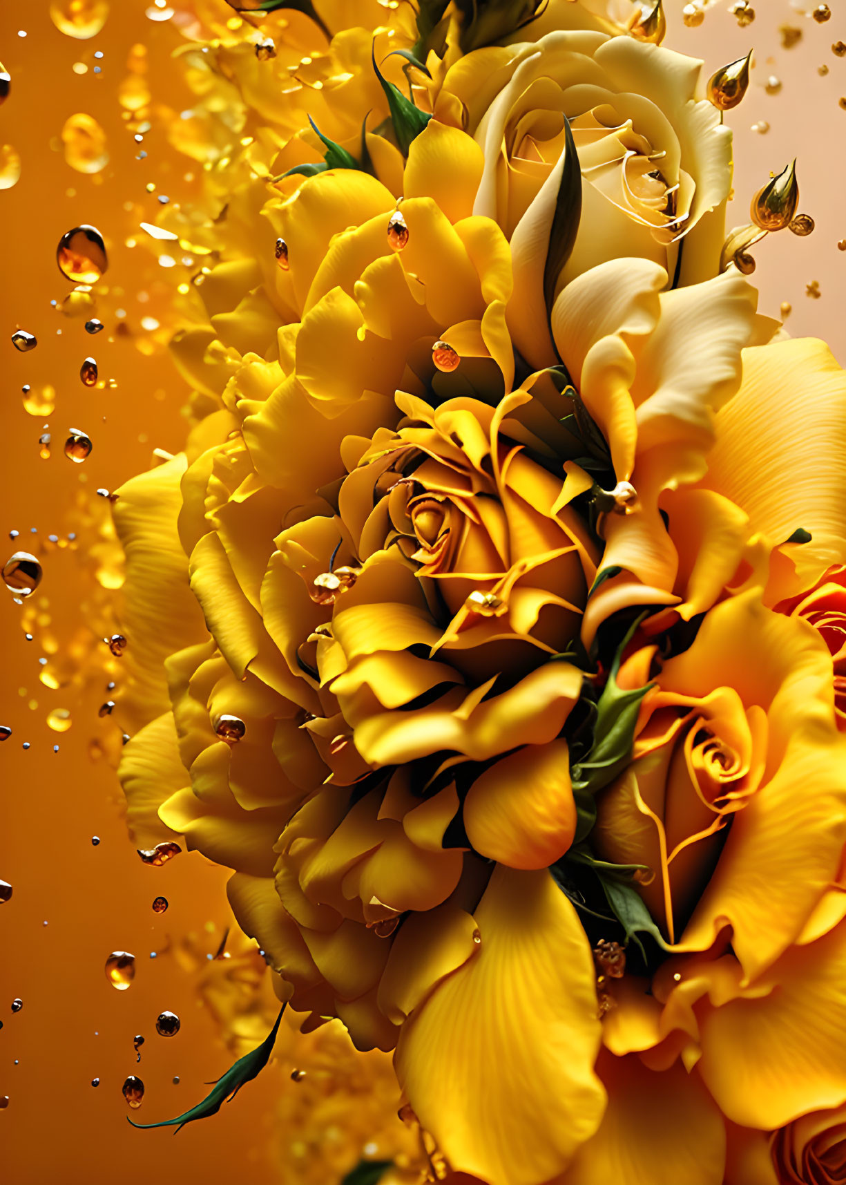 Yellow Flowers Bouquet with Water Droplets on Orange Background