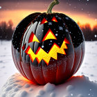 Glowing Halloween pumpkin on snowy ground at dusk