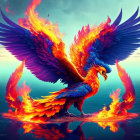 Majestic Phoenix with Blue and Orange Feathers Soaring Above Water