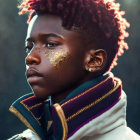 Young person with red afro and regal jacket gazes sideways with golden leaf adornment