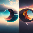 Surreal composite image of contrasting sphere halves with wave-like rock formations under tranquil sky