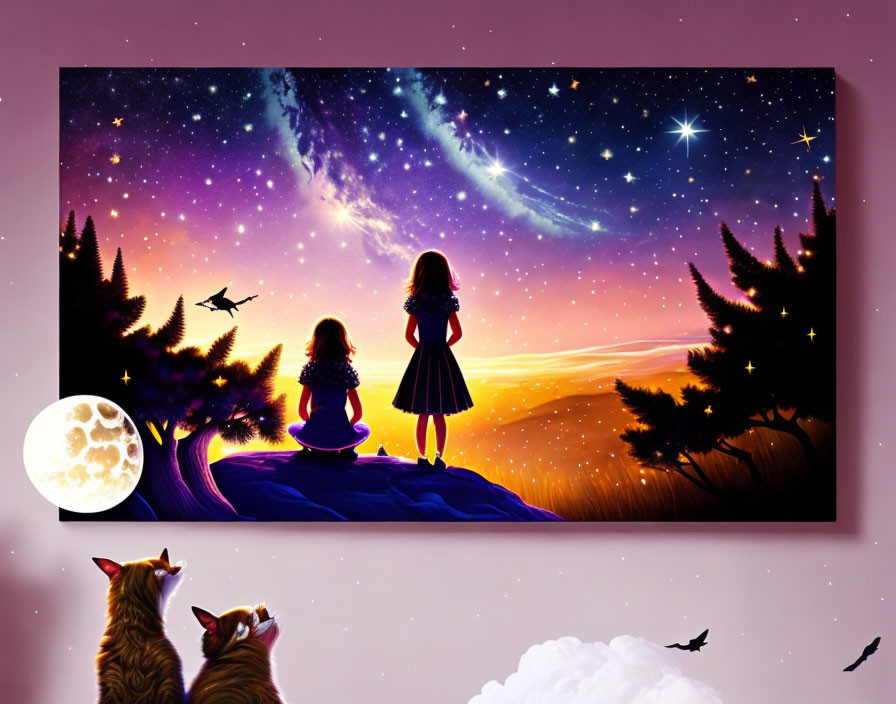 Children and cats silhouetted under starry night sky with moon and birds