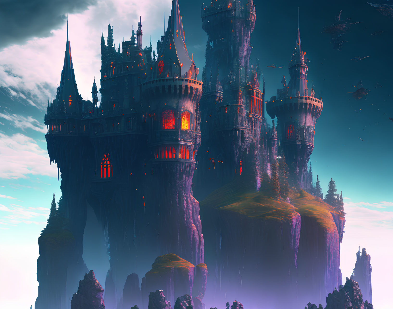 Fantasy landscape with grand castle on floating island under twilight sky