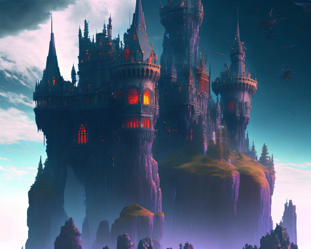 Fantasy landscape with grand castle on floating island under twilight sky