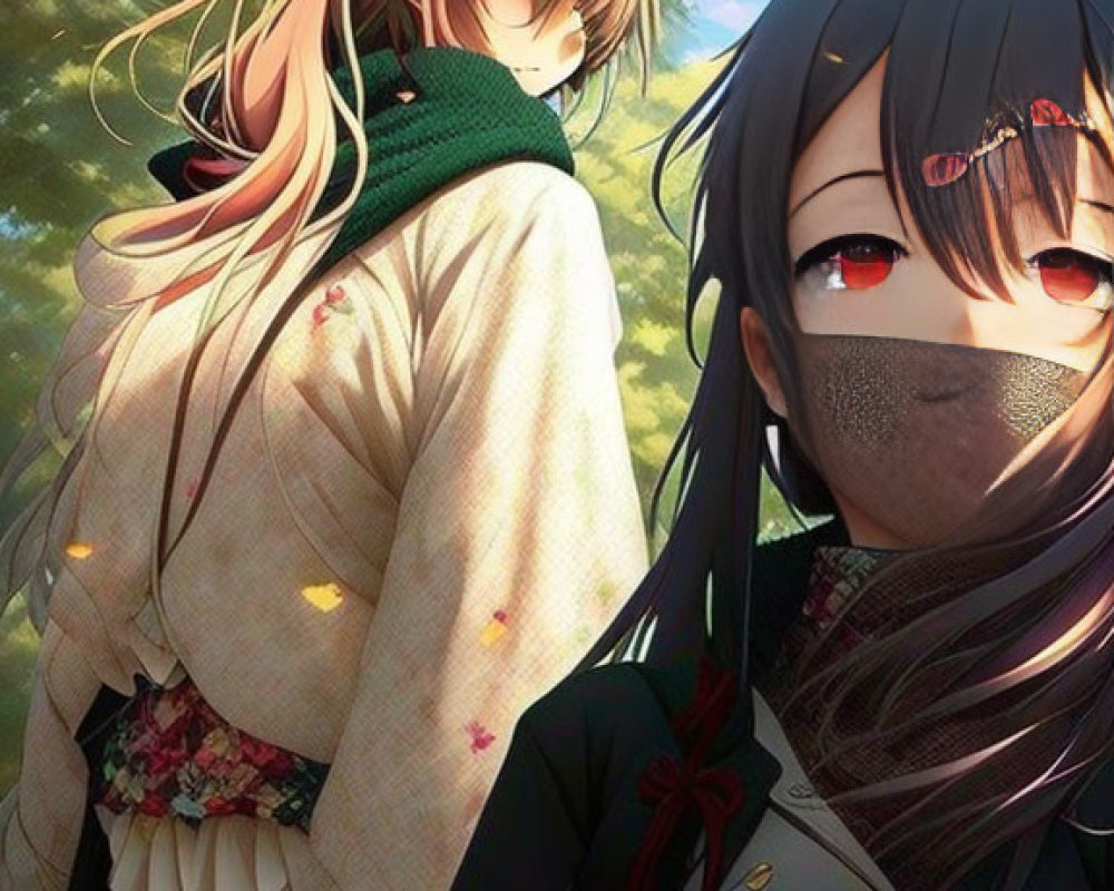 Two anime-style girls in autumn: one blond with green scarf, the other with black hair and red