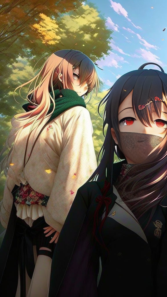 Two anime-style girls in autumn: one blond with green scarf, the other with black hair and red