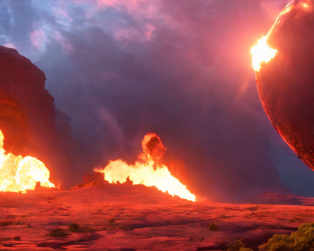 Explosive hellscape with fiery meteor and rocky terrain under red sky