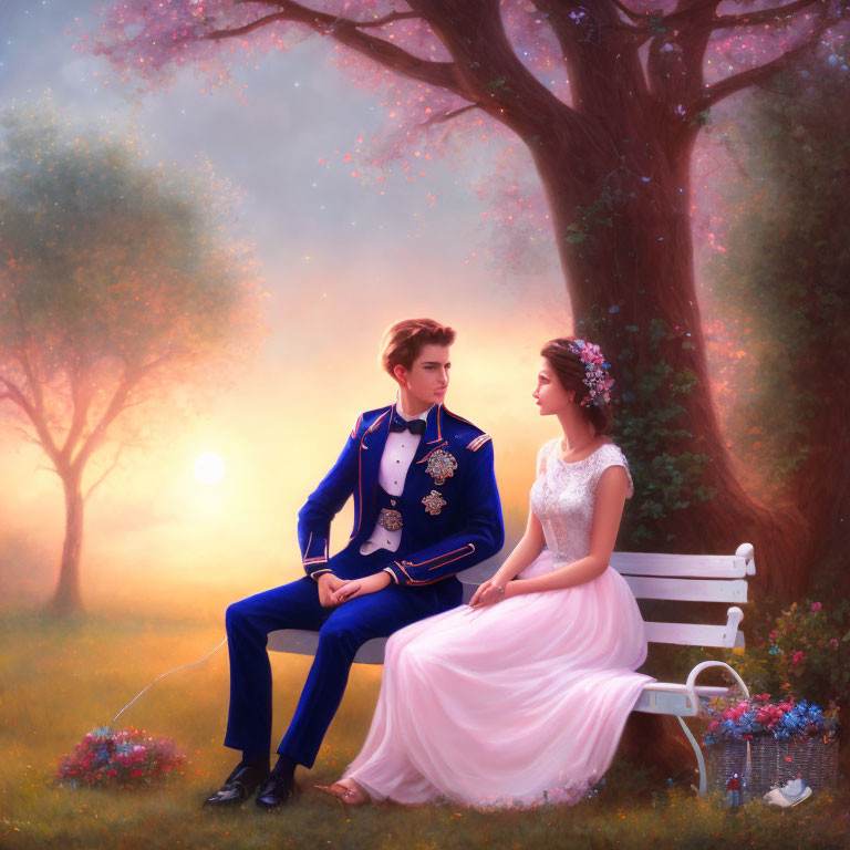 Couple in formal attire on bench in flower-dotted meadow at sunset