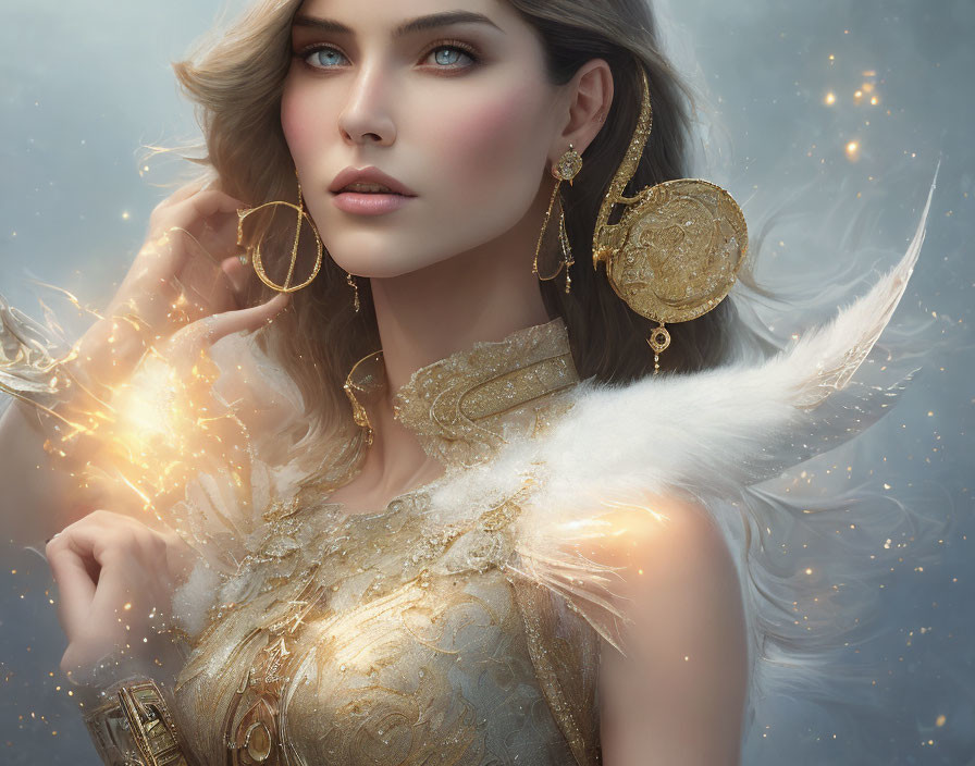 Ethereal woman with blue eyes and golden jewelry in celestial light