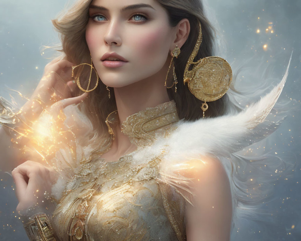 Ethereal woman with blue eyes and golden jewelry in celestial light