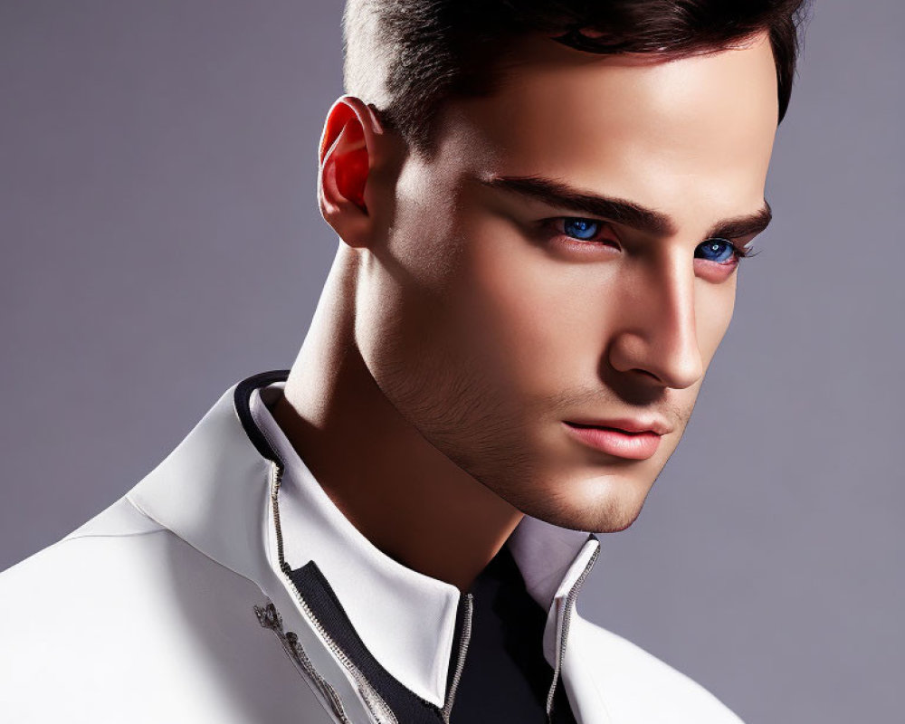 Striking Blue-Eyed Man in Modern White Jacket