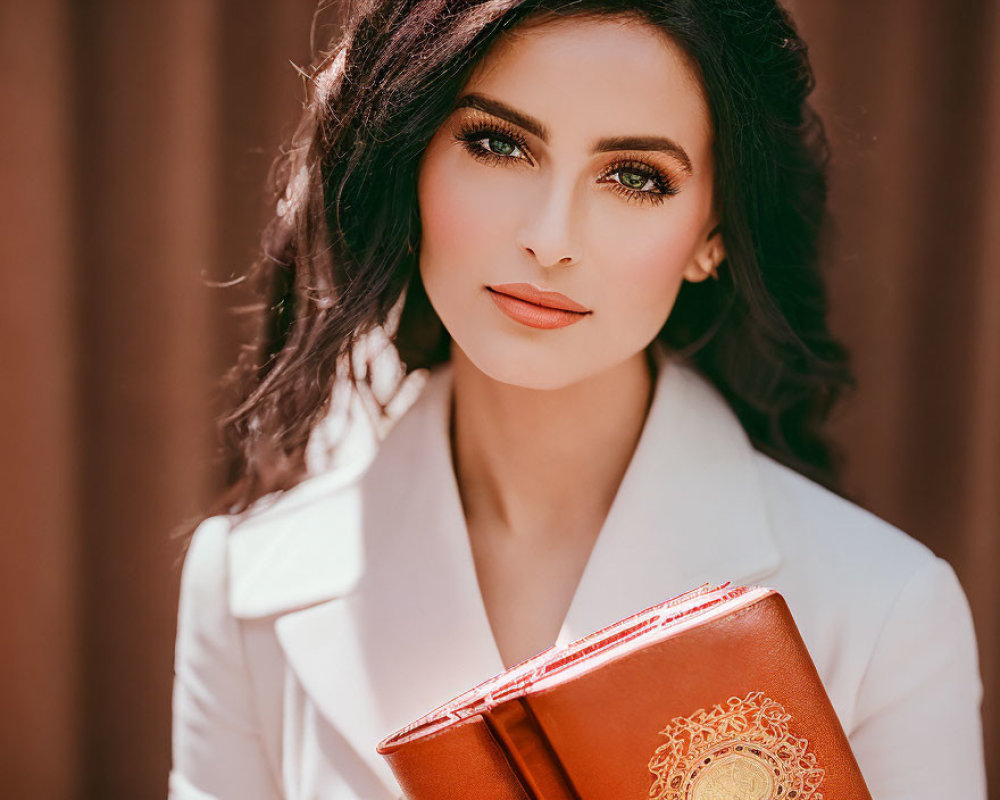 Dark-haired woman with green eyes holding red book in white blazer on warm background