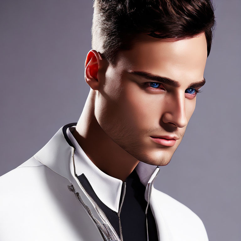 Striking Blue-Eyed Man in Modern White Jacket