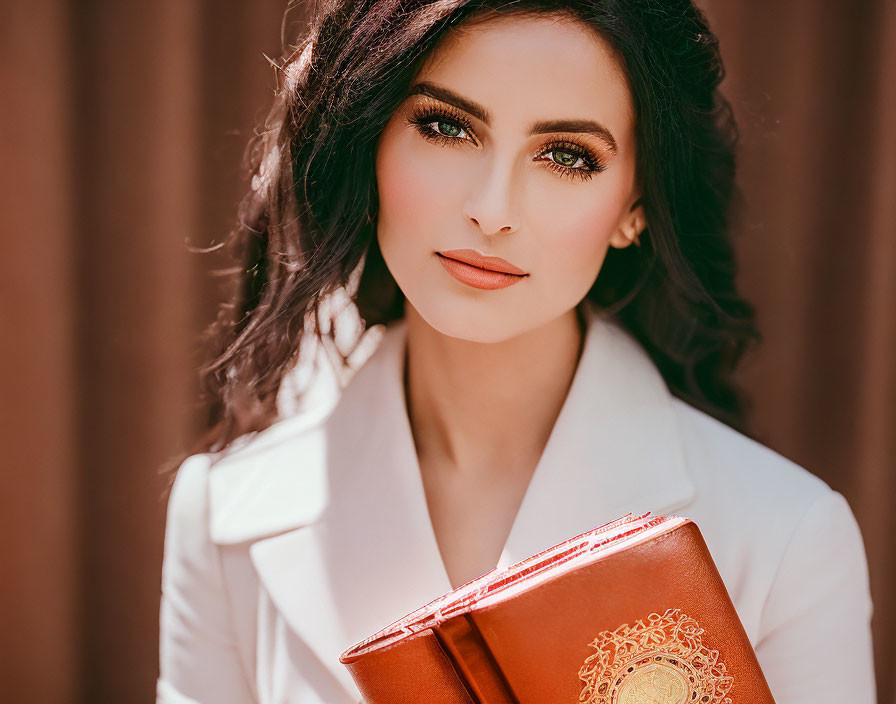 Dark-haired woman with green eyes holding red book in white blazer on warm background