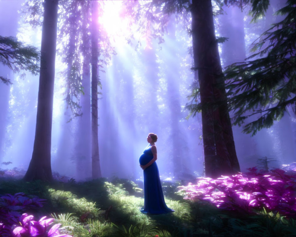 Woman in Blue Dress Stands in Mystical Forest with Sunbeams