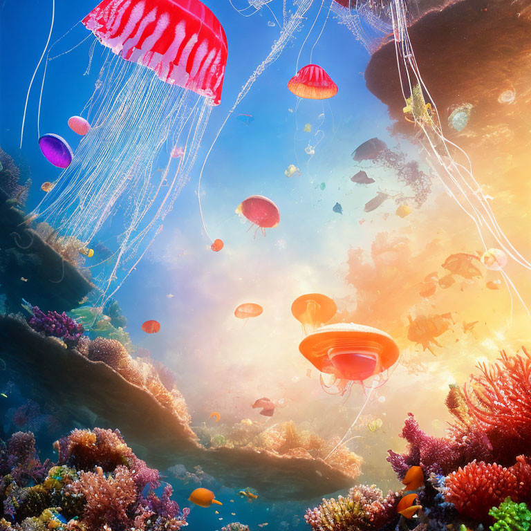 Colorful Underwater Scene with Jellyfish, Tropical Fish, and Coral