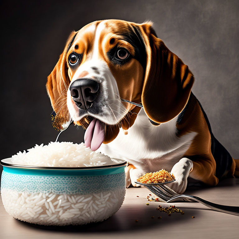 Beagle with pleading eyes next to bowl of rice and spices