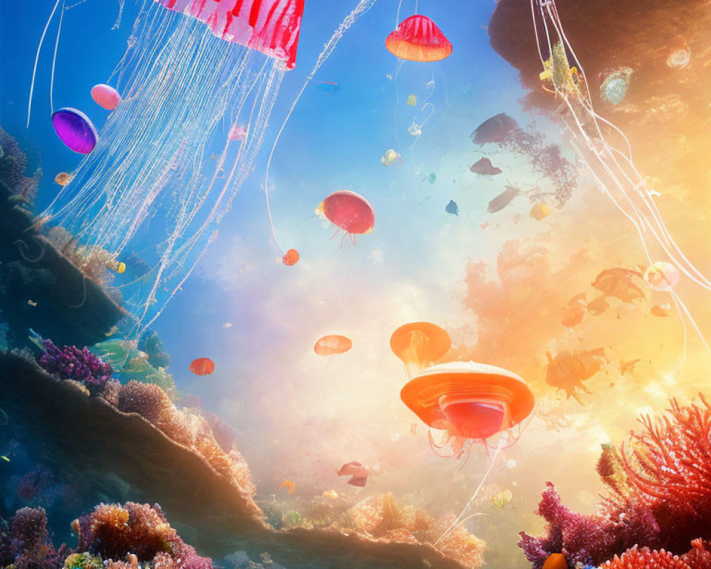 Colorful Underwater Scene with Jellyfish, Tropical Fish, and Coral