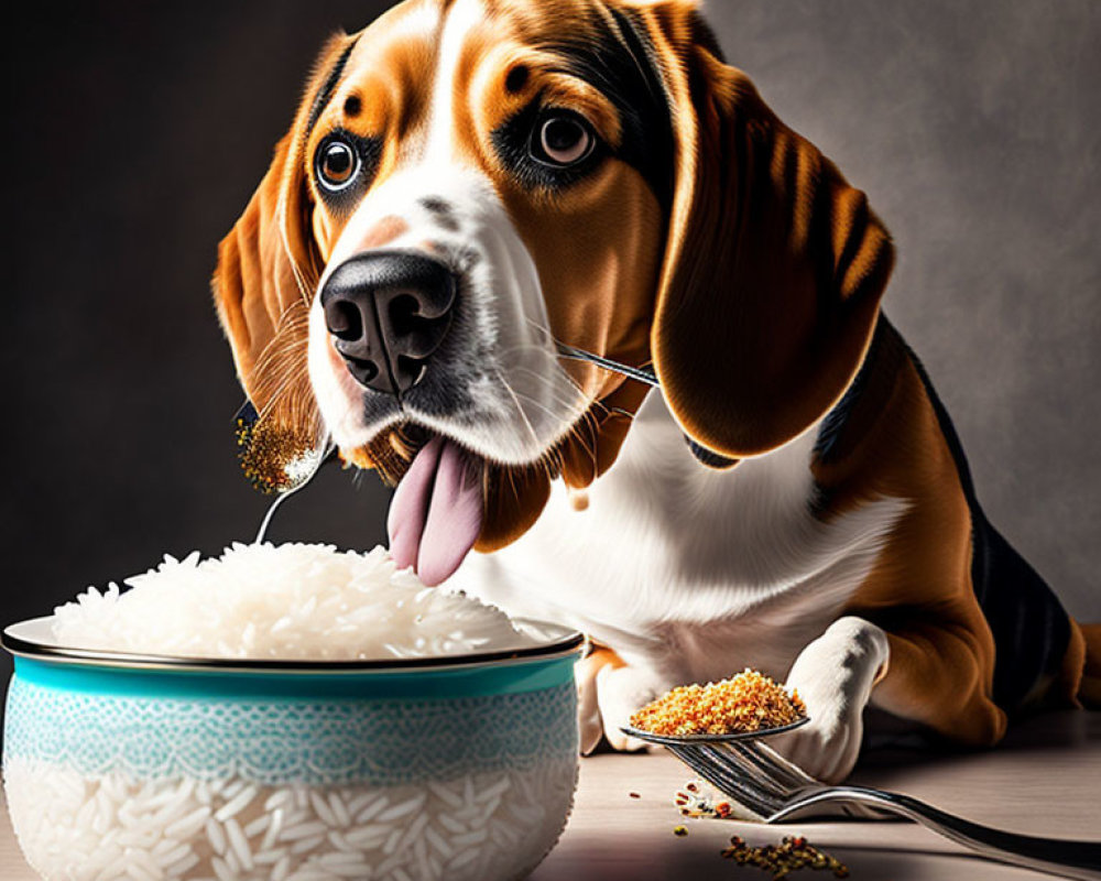 Beagle with pleading eyes next to bowl of rice and spices