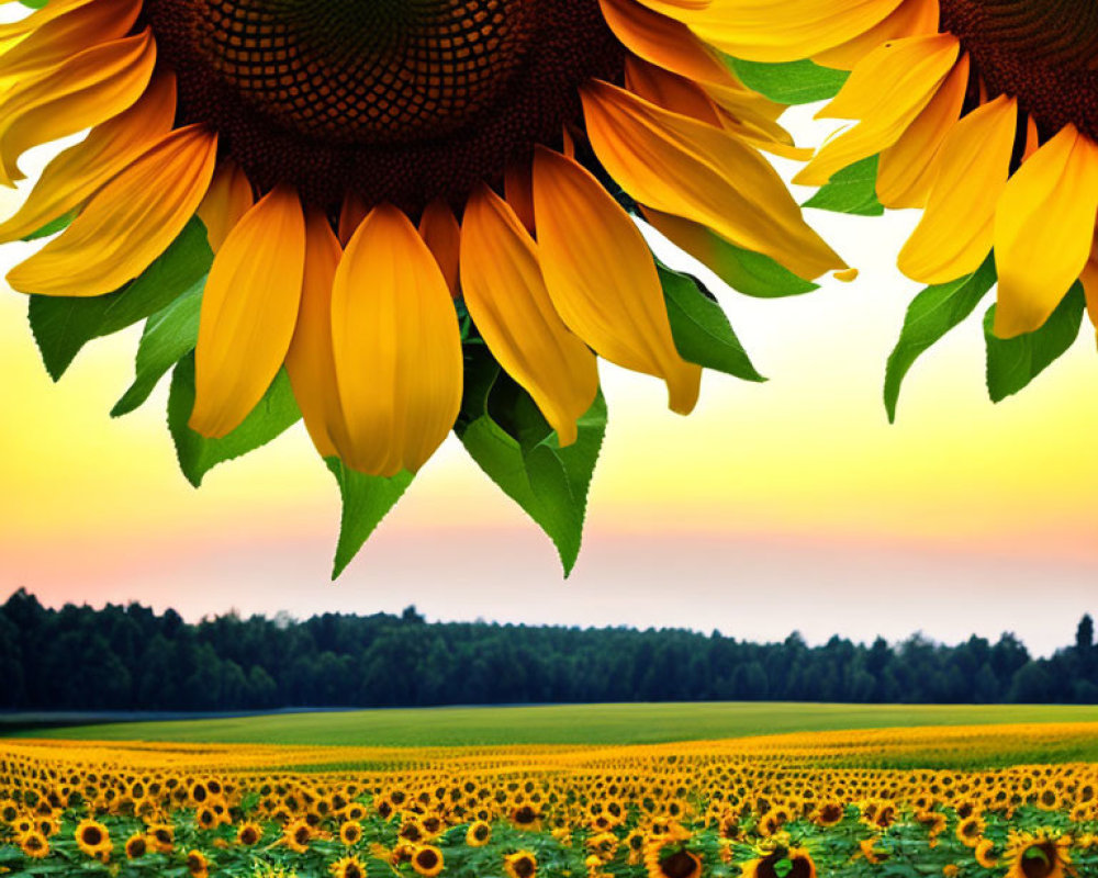 Sunflower Field at Sunset with Sharp Focus Flowers