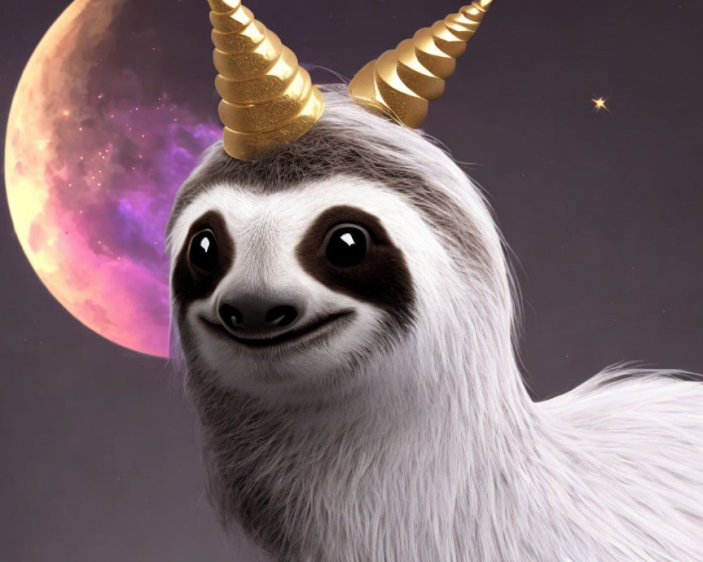 Sloth with Two Golden Unicorn Horns on Colorful Moon Background