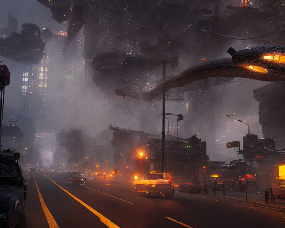 Futuristic cityscape at dusk: towering structures, glowing lights, elevated roadways, vehicles,