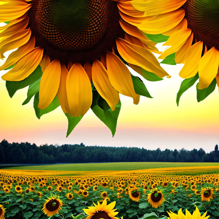 Sunflower Field at Sunset with Sharp Focus Flowers