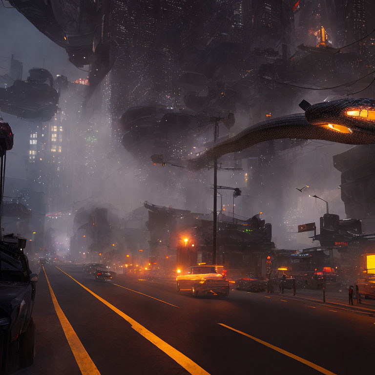 Futuristic cityscape at dusk: towering structures, glowing lights, elevated roadways, vehicles,