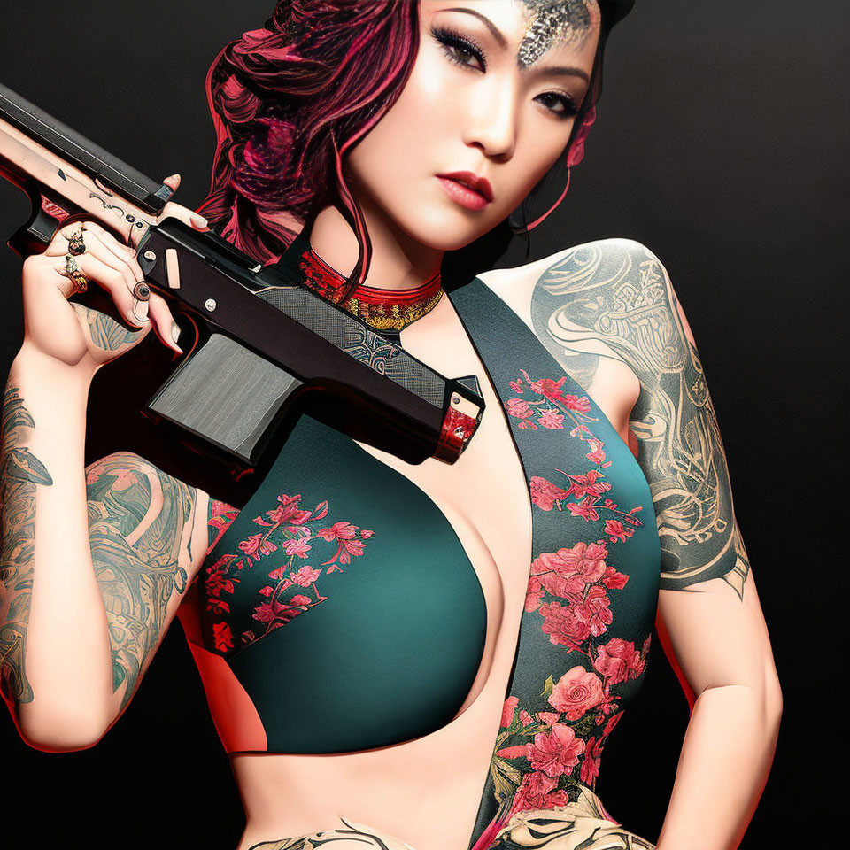 Digital artwork of a woman with tattoos holding a rifle in front of a dark background