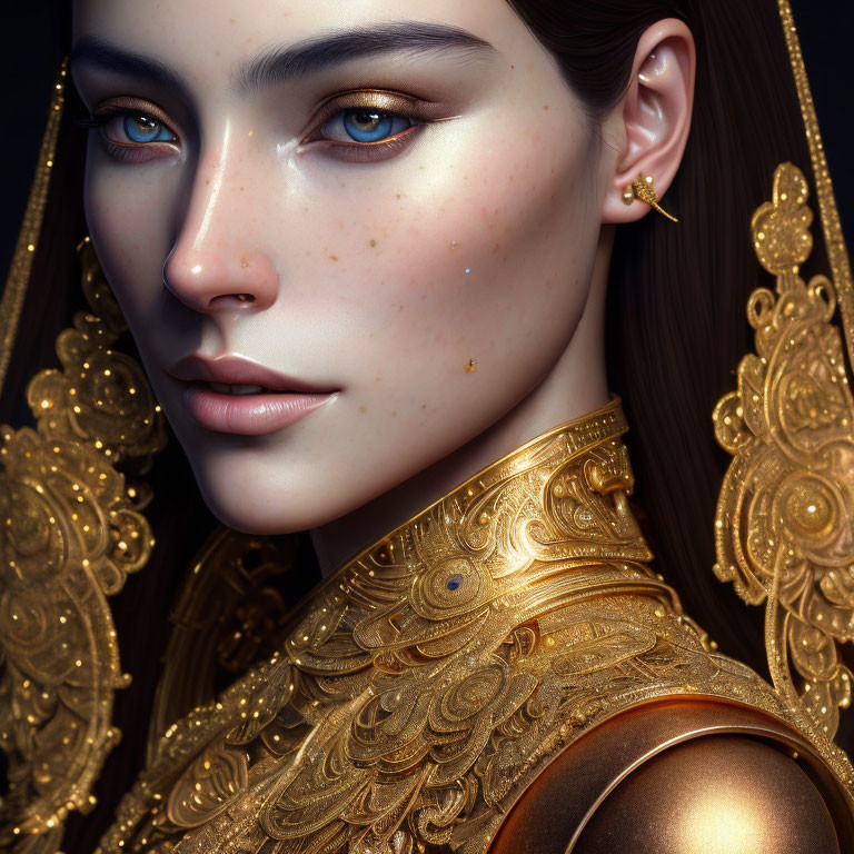 Striking Blue Eyes and Freckled Cheeks with Gold Shoulder Armor